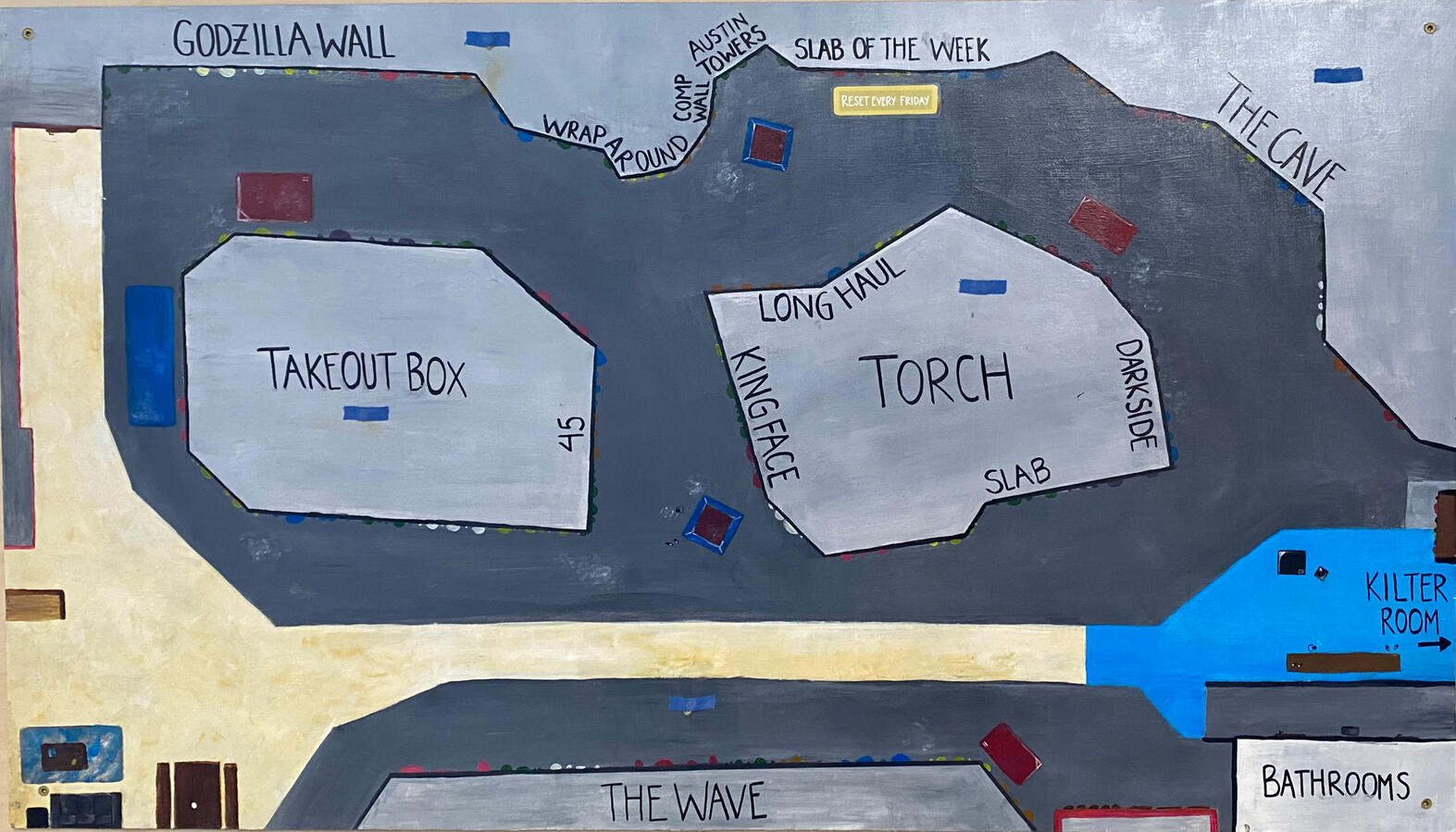 Hand-painted map of Far North's climbing walls